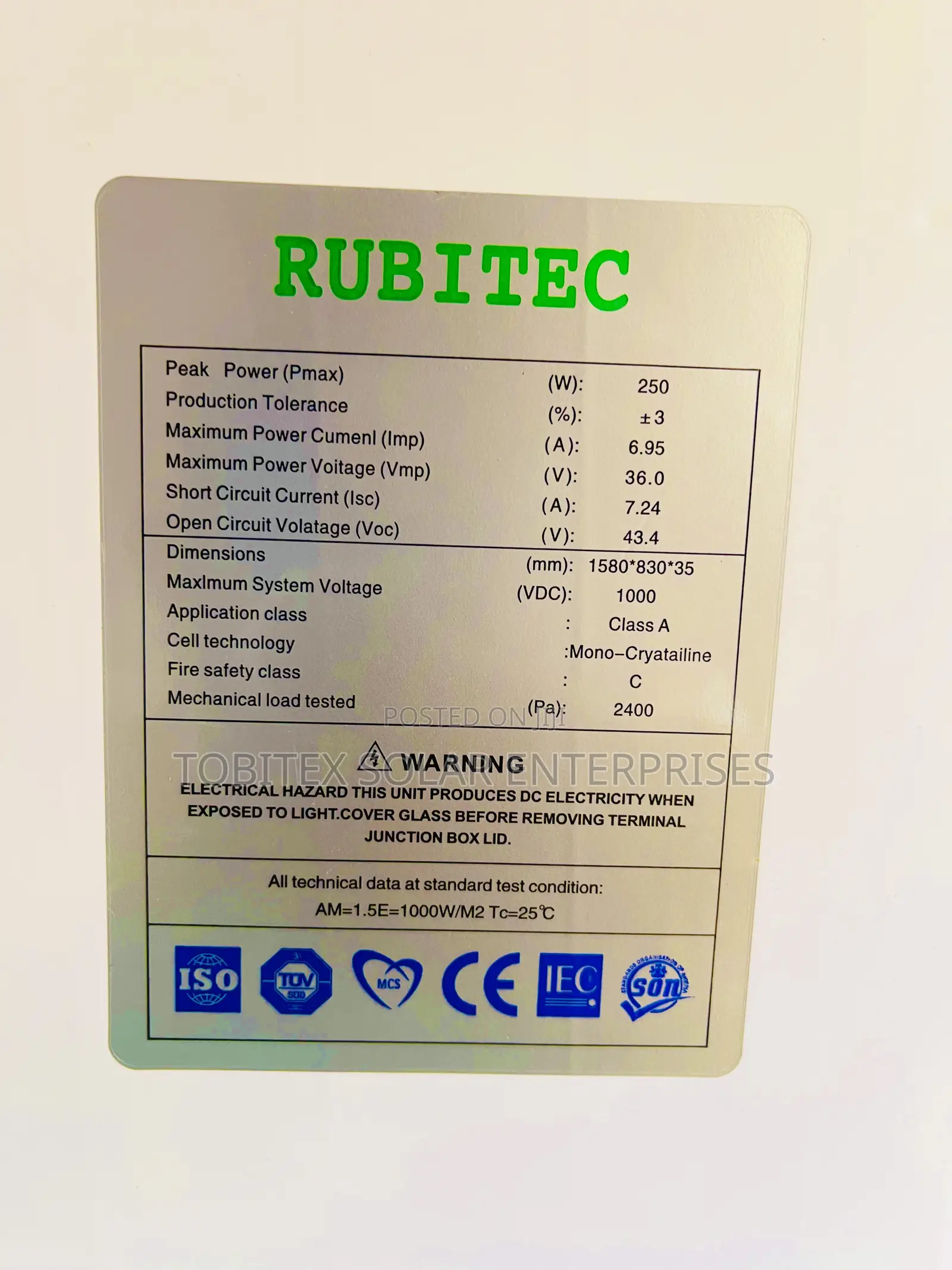 250watts Rubitec Solar Panels