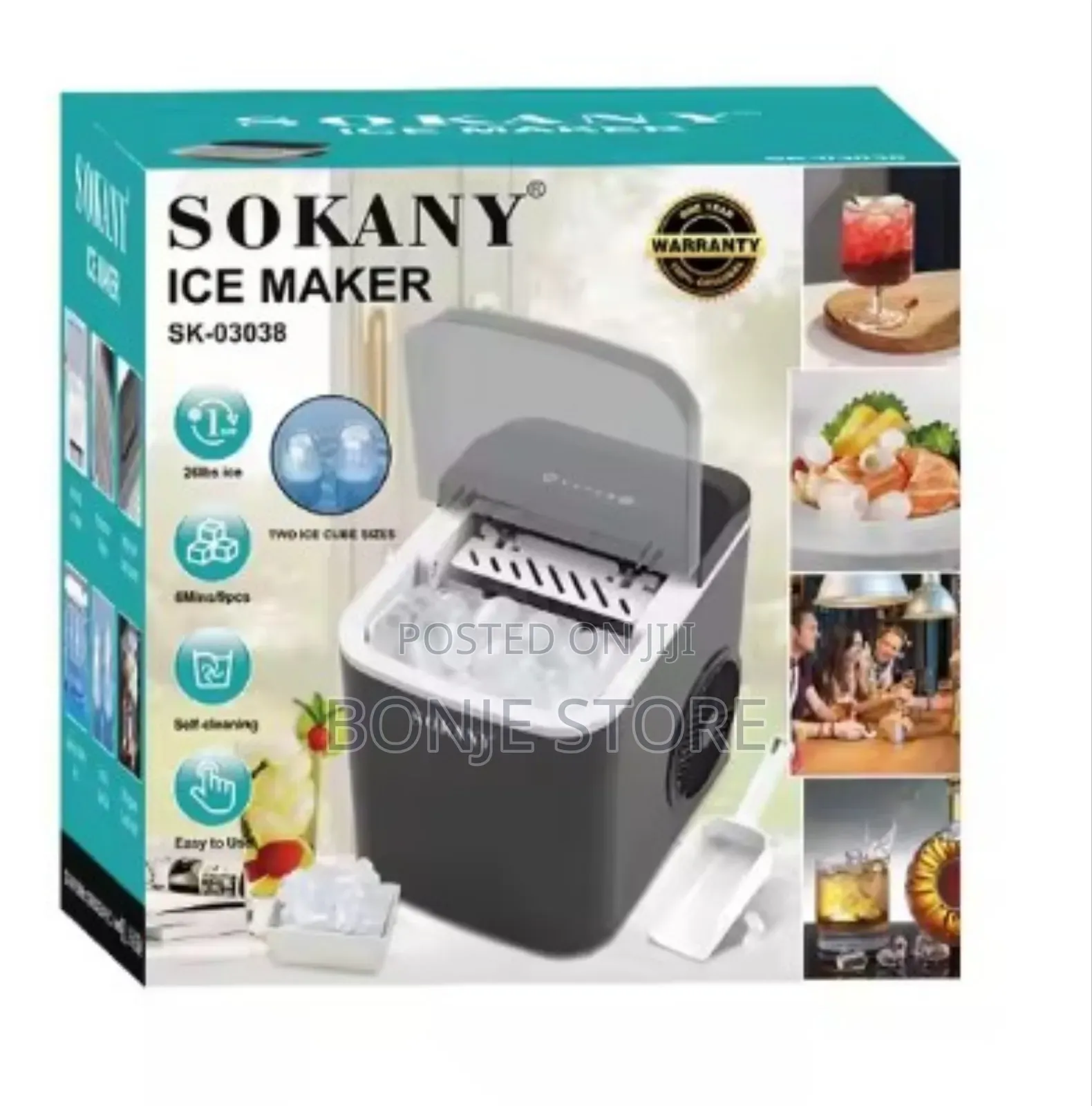Sokany Sk-03038 15kg Ice Cube Maker 26lbs Ice, 6min/9pc, Self Cleaning