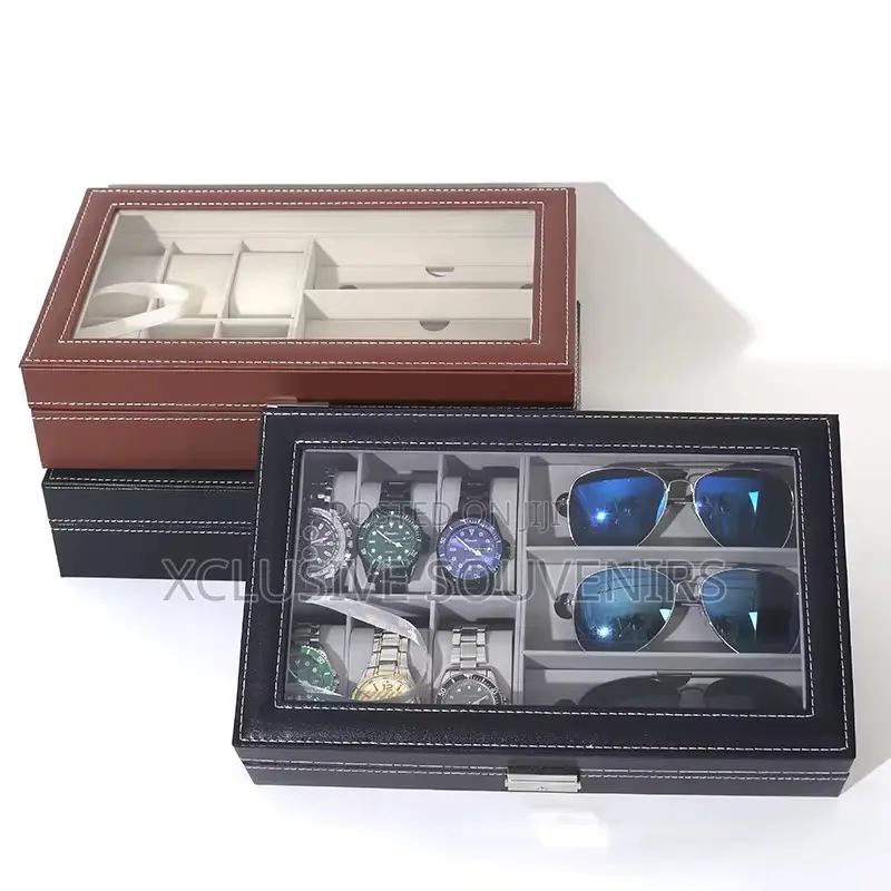 Pu Leather 6-position Watch Box 3 Sunglasses Display Storage Box