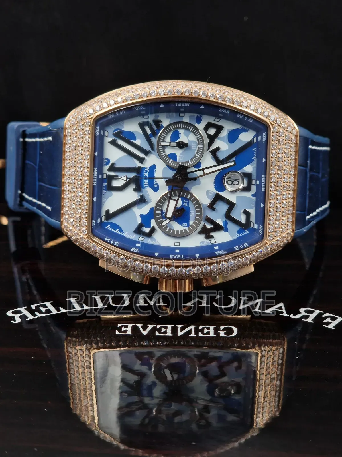 Original Franck Muller Iced Blue Genuine Leather Calendar Watch