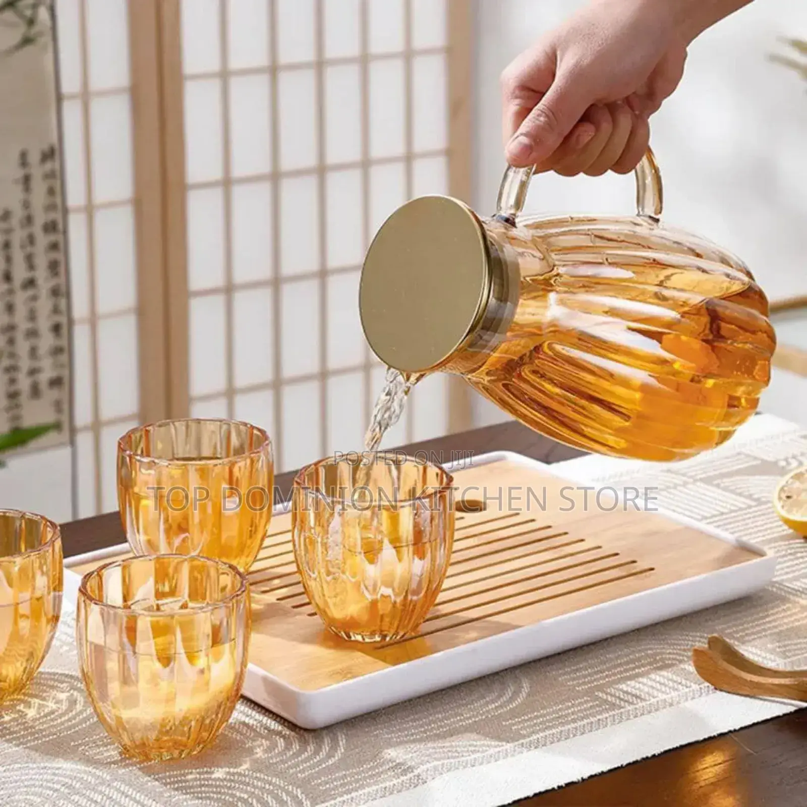 Pumpkin Shape Amber Glass Pitcher With 6 Glass Cups and Tray