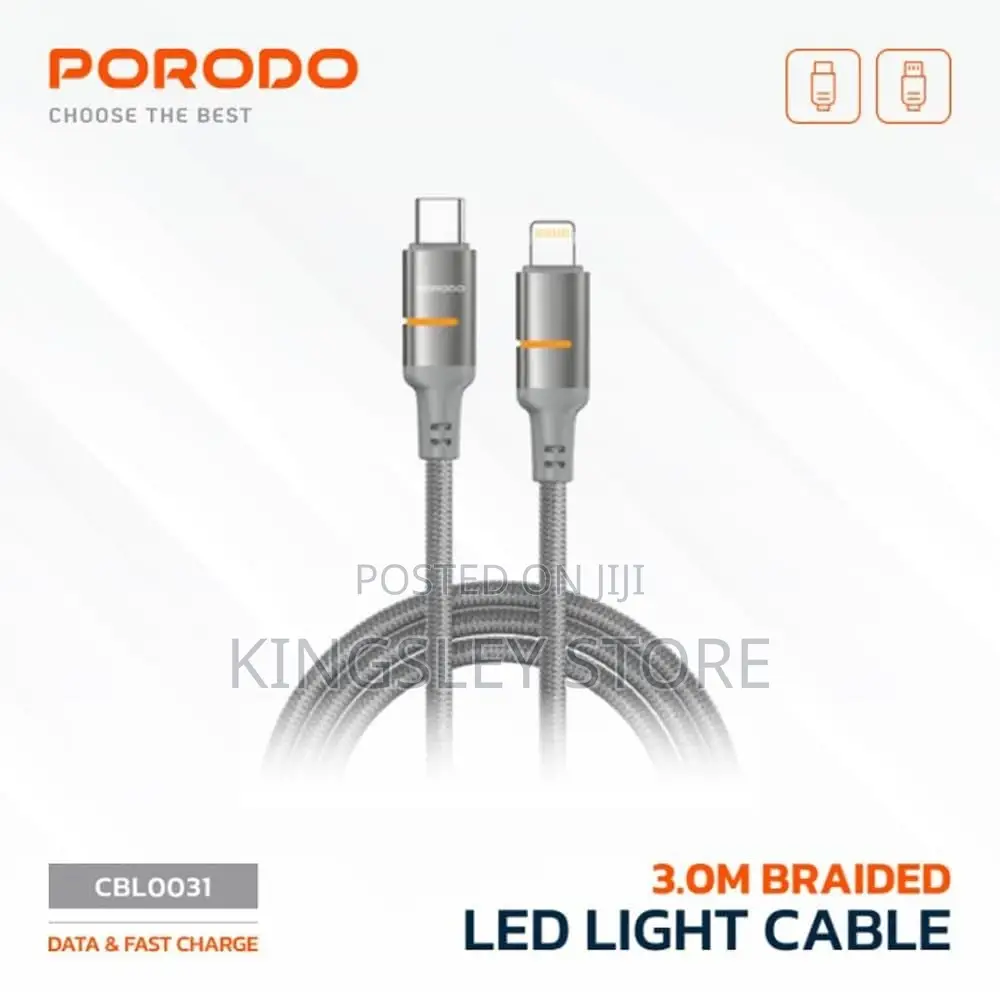 Porodo 30w Usb-c To Lightning Braided Cable, Data Transfer Fast 3m