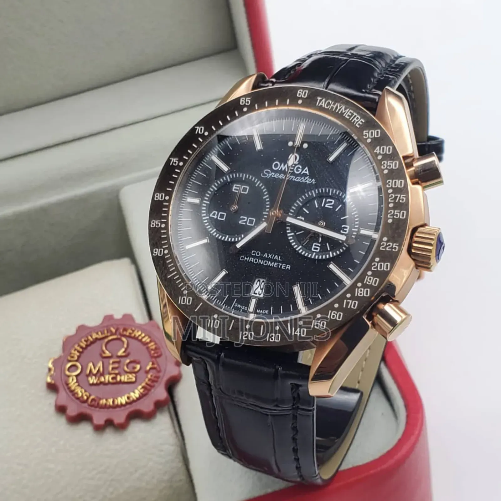 Omega Speedmaster Lookalike - Black Leather Strap, Battery Powered*
