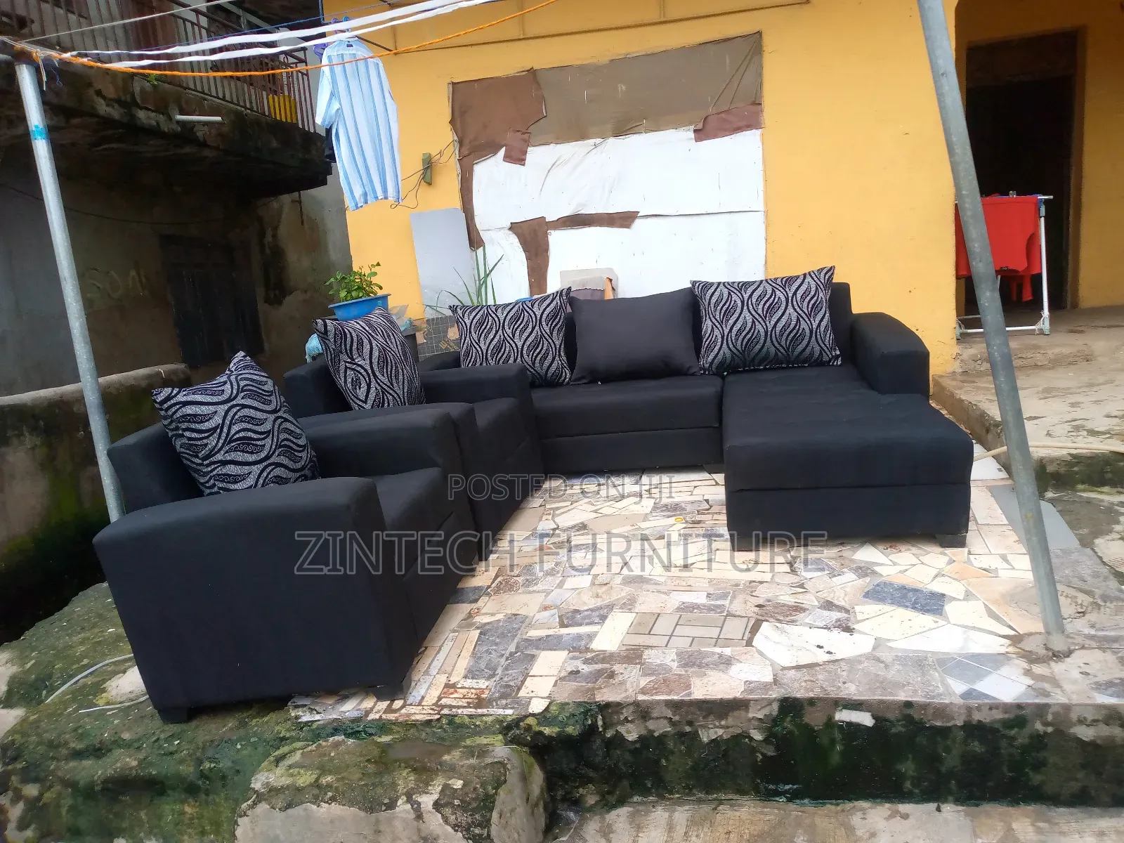 Black Color L Shape Sofas and Two Single Seater