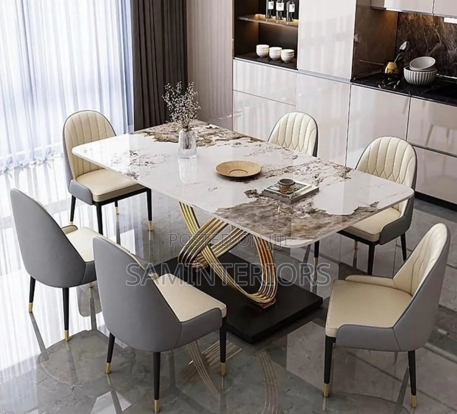 Newly Decorated Marble Top Dining With 6 Portable Unique Chairs