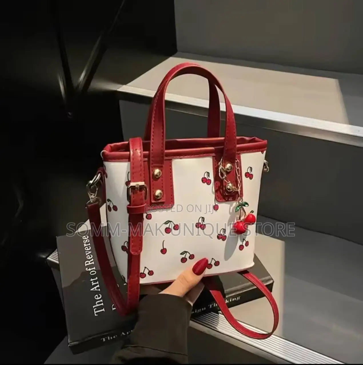 Women Pu Cherry Shoulder Tote Bag With Cherry Pendant Handbag