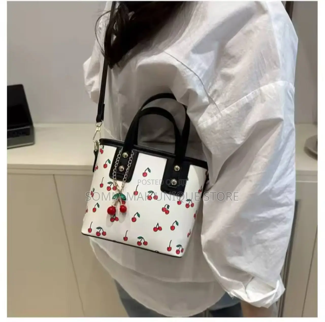 Women Pu Cherry Shoulder Tote Bag With Cherry Pendant Handbag