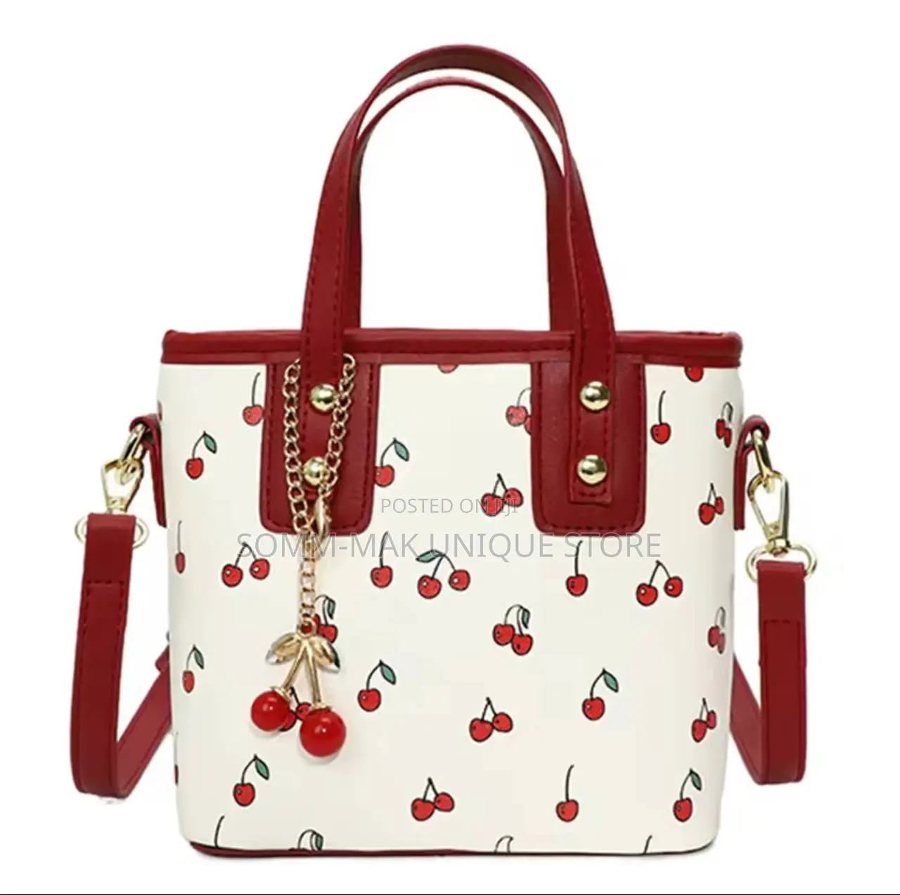 Women Pu Cherry Shoulder Tote Bag With Cherry Pendant Handbag