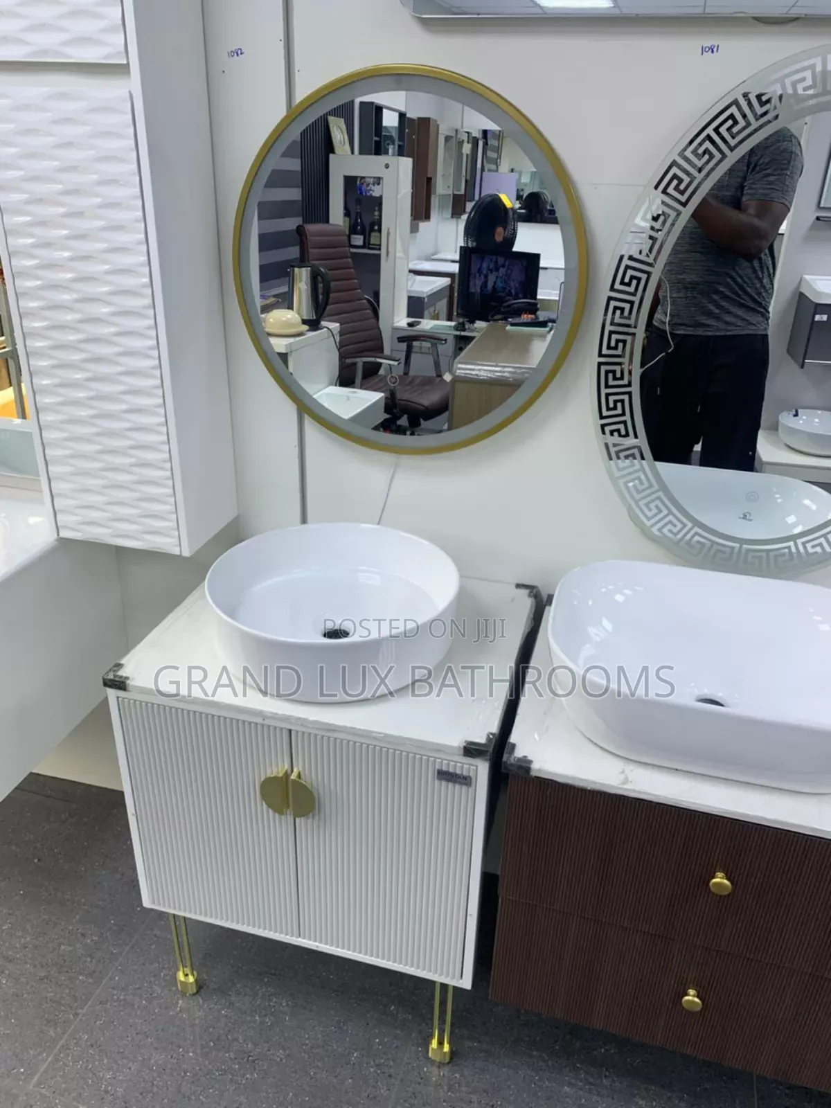Modern White Bathroom Vanity With Round Mirror and Vessel Sink