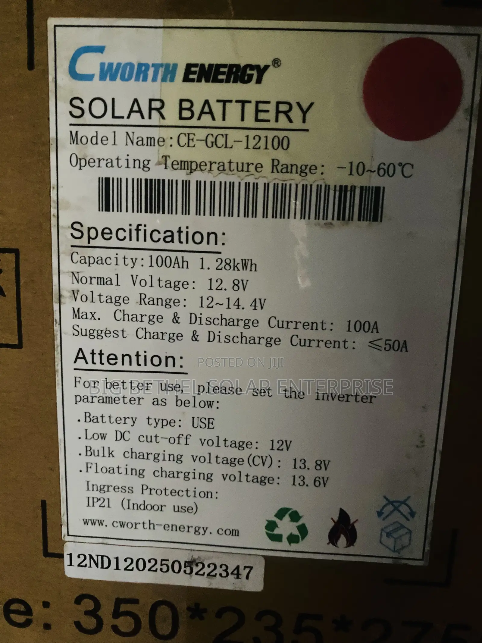 1.28kwh 100ah 12.8v Cworth Solar Lithium Battery