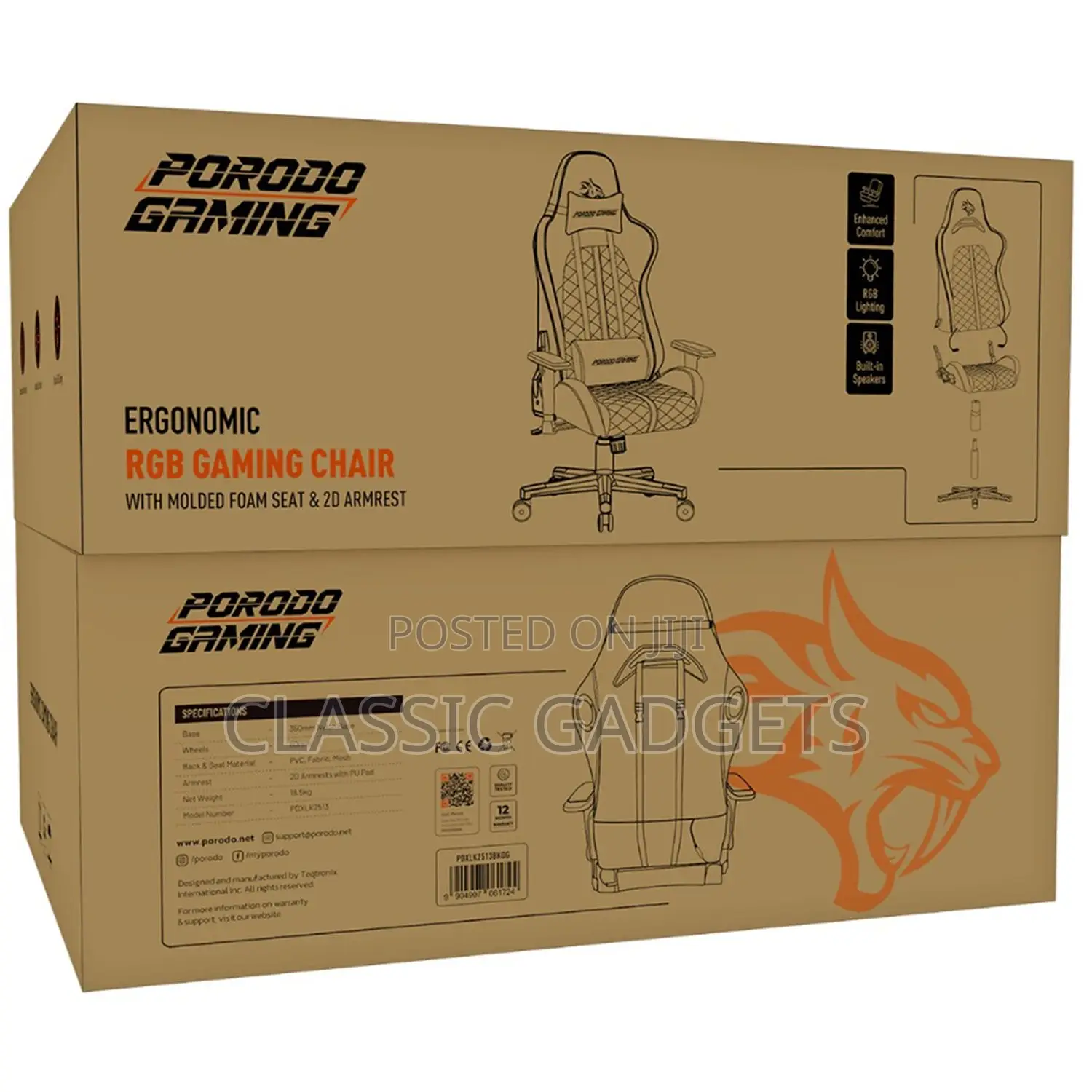 Porodo Gaming Ergonomic Rgb Gaming Chair With Built-in Speakers