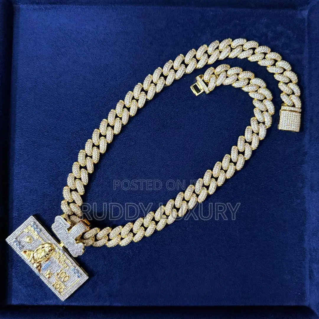 Premium Gold Diamond Cuban Link Necklace With Dollar-Bill Pendant