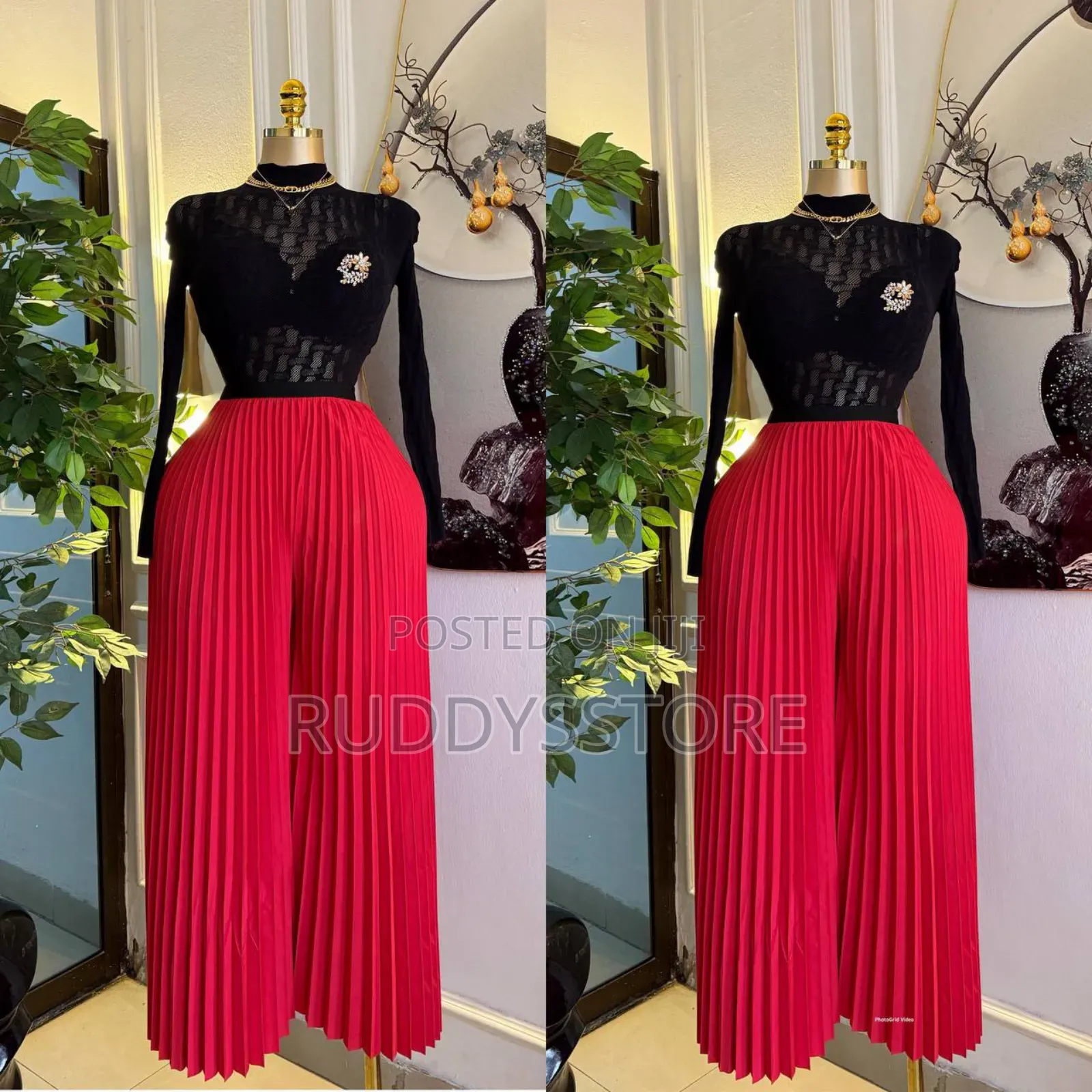 Luxury Mesh Turtleneck Top High-Quality Pleated Palazzo Pants Set