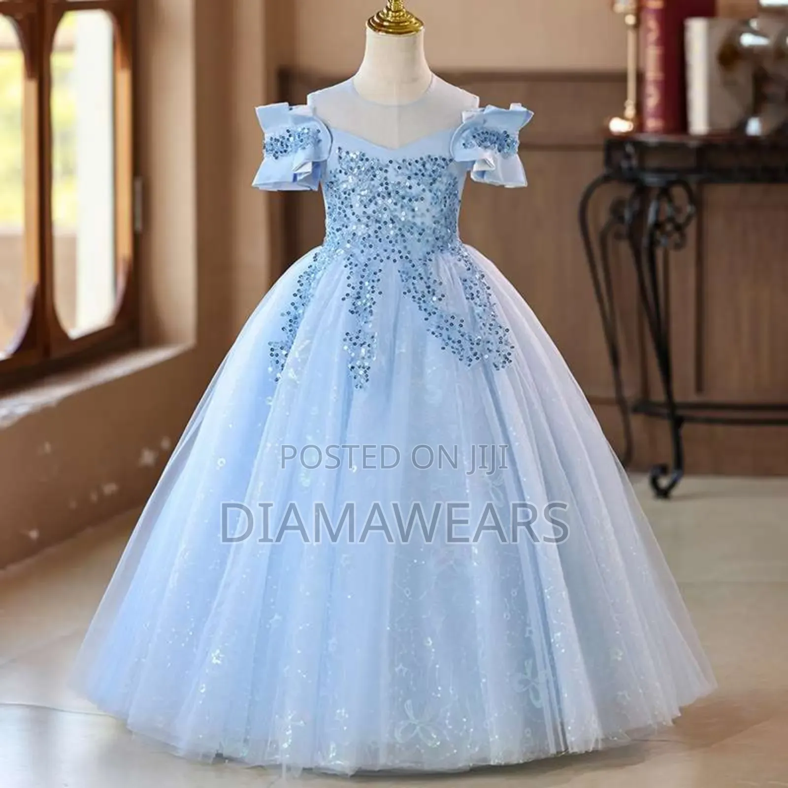 Sky Blue Princess Cold Shoulder Hand Ceremonial Full Ball Gown