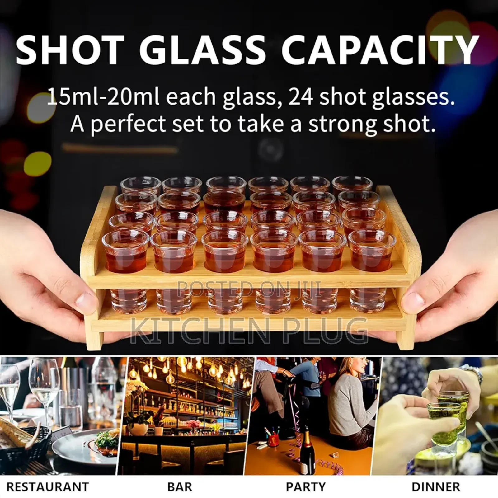 24-Shot Glass Tray Holder Made of Bamboo. For Tequila and Gin