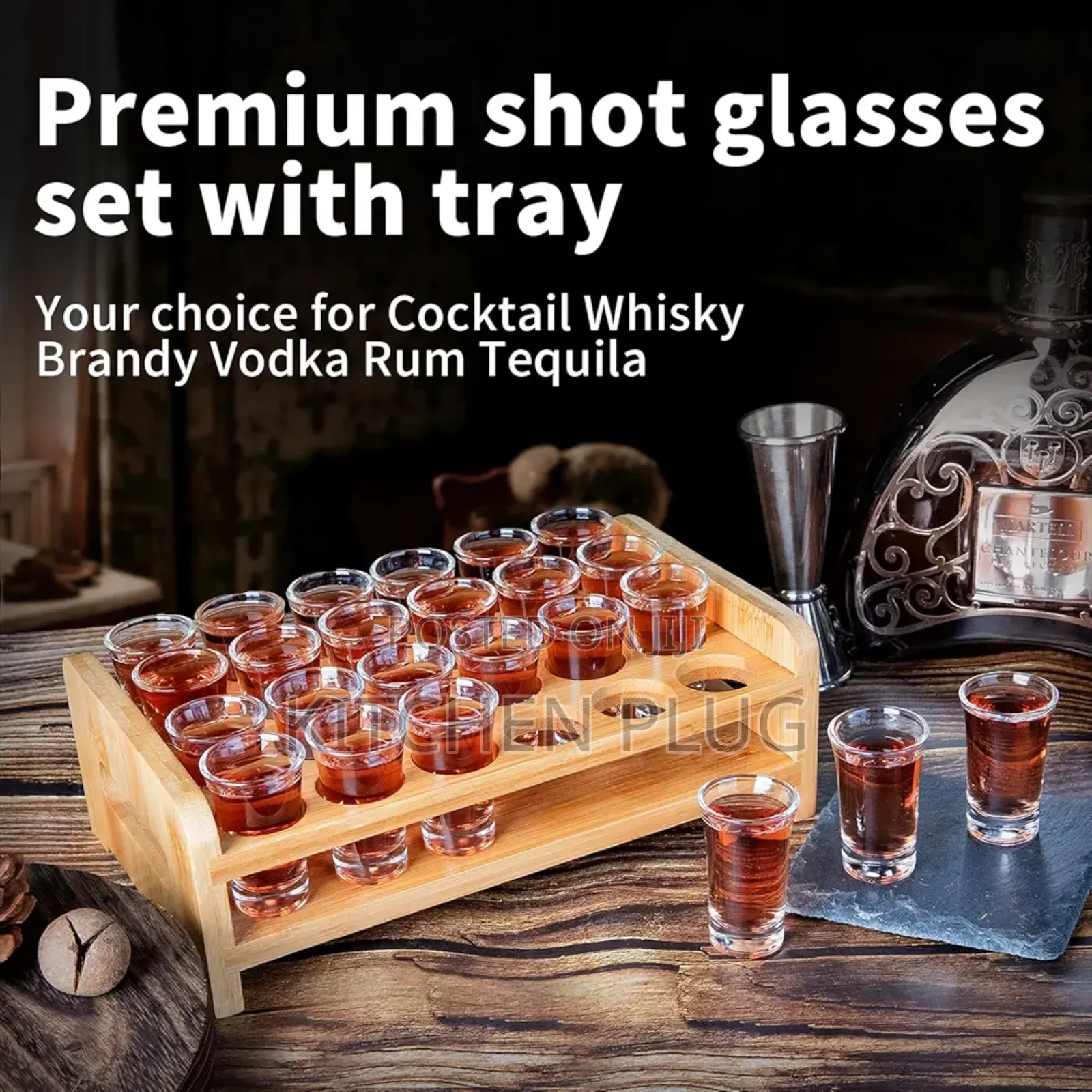24-Shot Glass Tray Holder Made of Bamboo. For Tequila and Gin