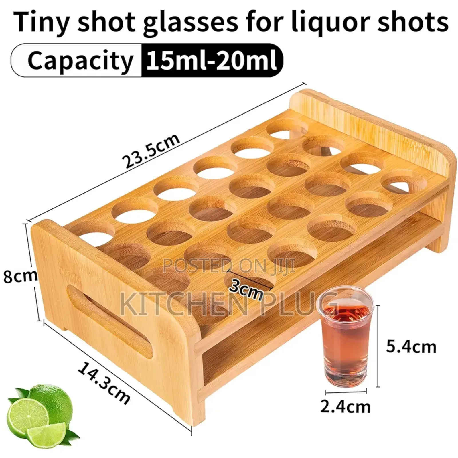 24-Shot Glass Tray Holder Made of Bamboo. For Tequila and Gin