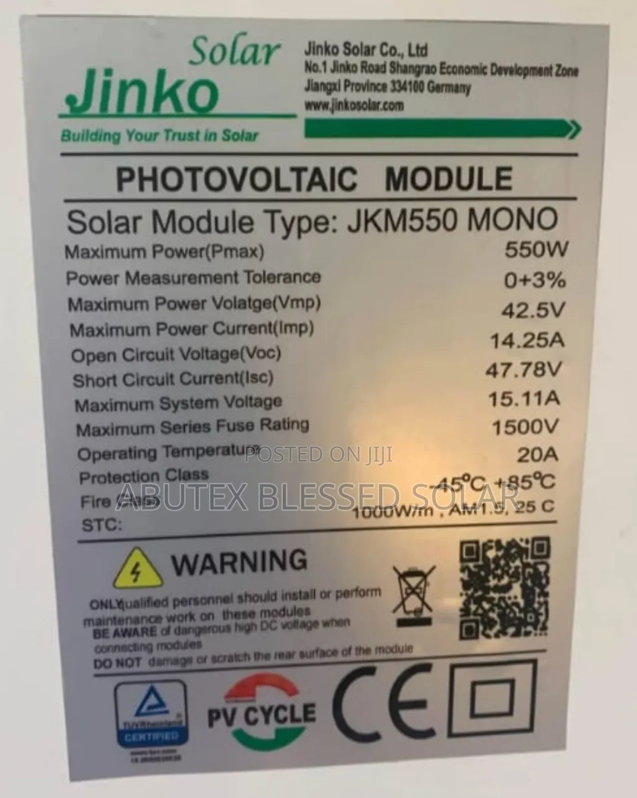 550watt Jinko Solar Panel Mono Half Cut