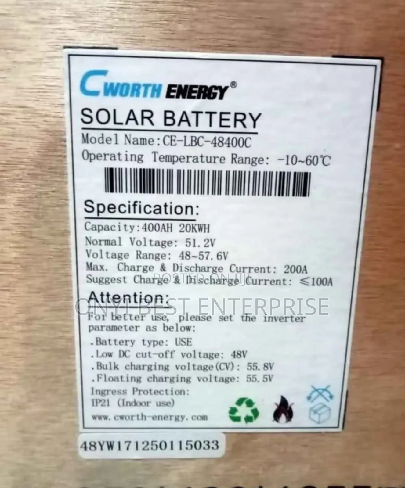 Cworth Lithium Ion Battery Life Po4 20kwh/51.2v 10years Warranty