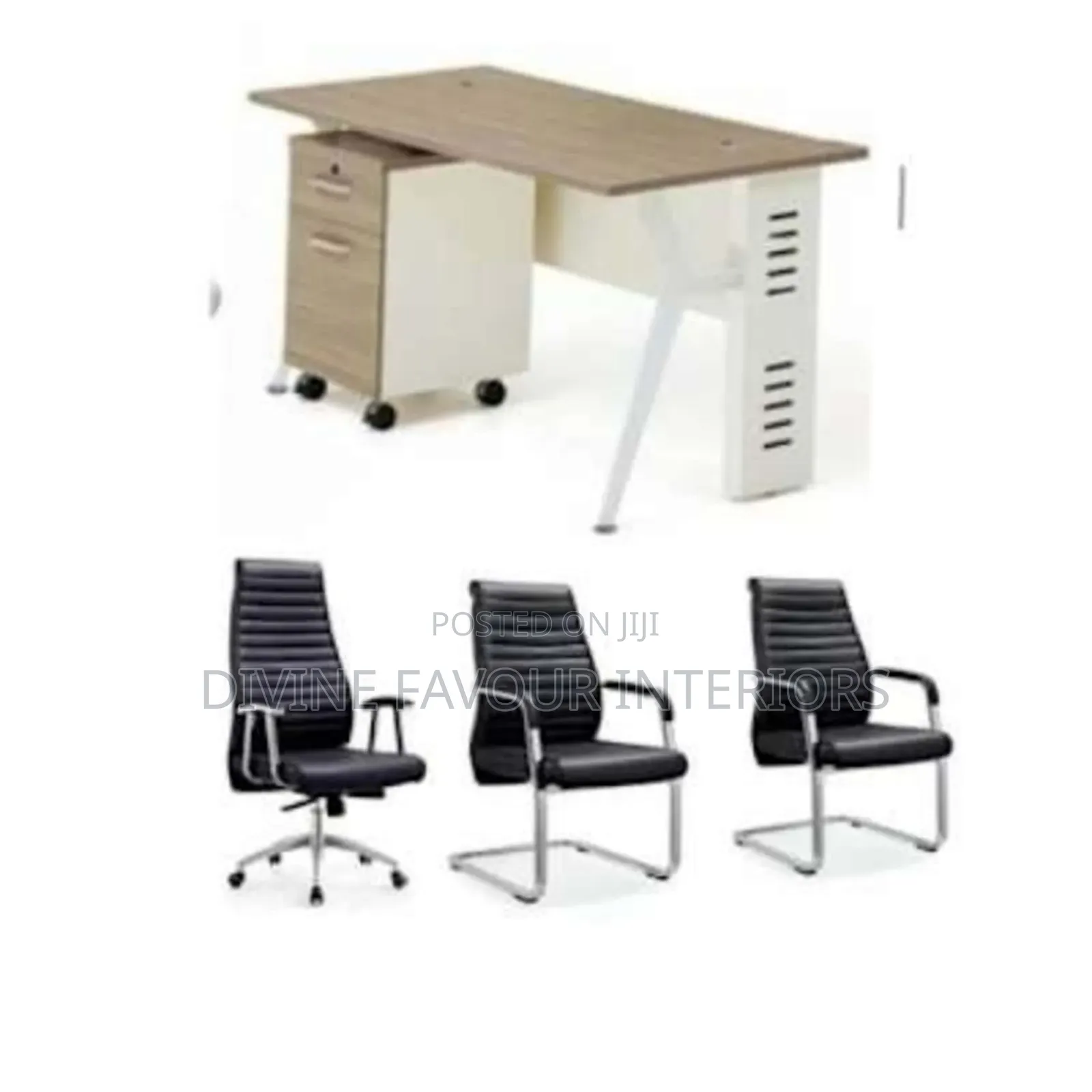 Executive Table Black Office Swivel Chair 2 Visitor Chairs Set