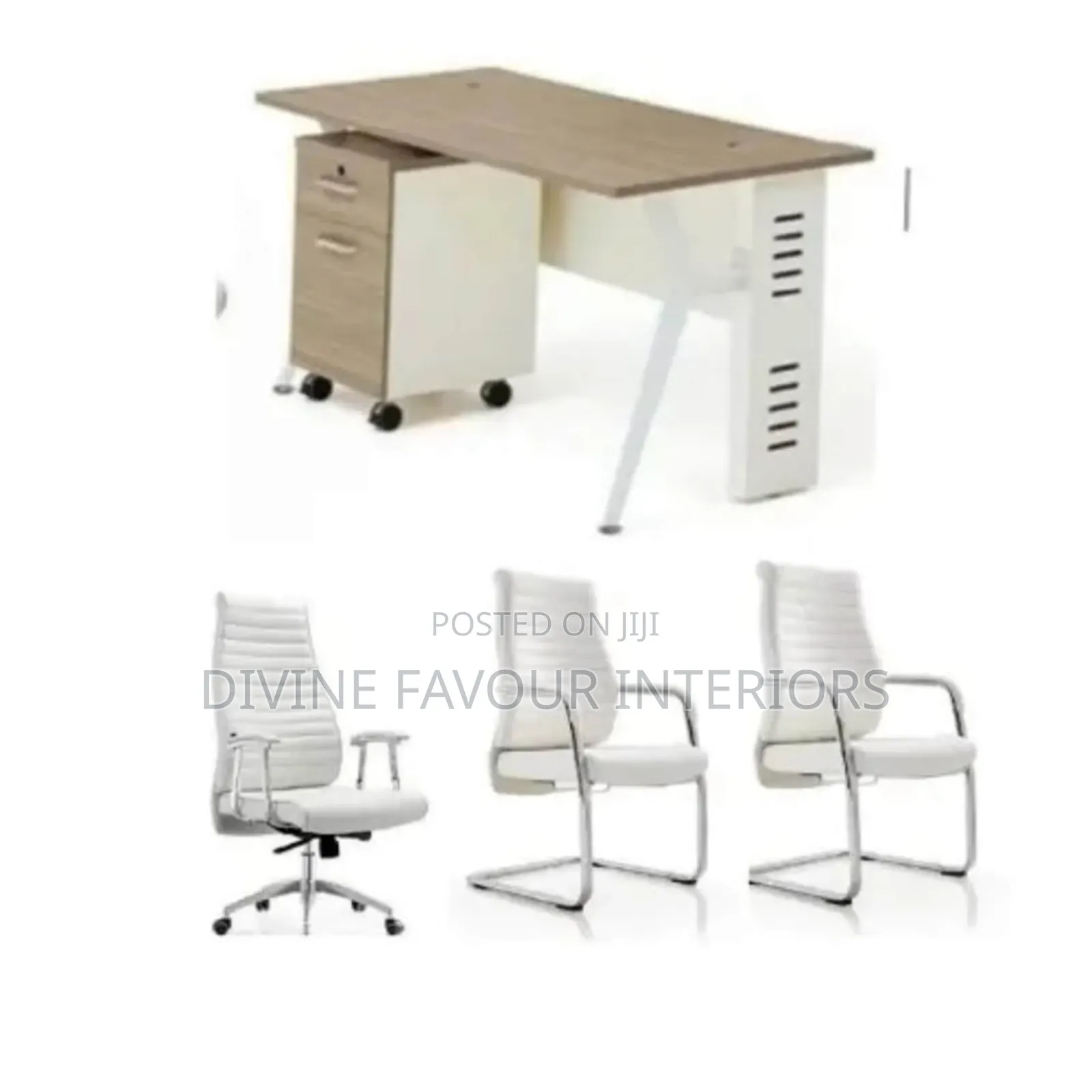 Set of Executive Office Table and White Swivel Chair 2 Visitor Chairs
