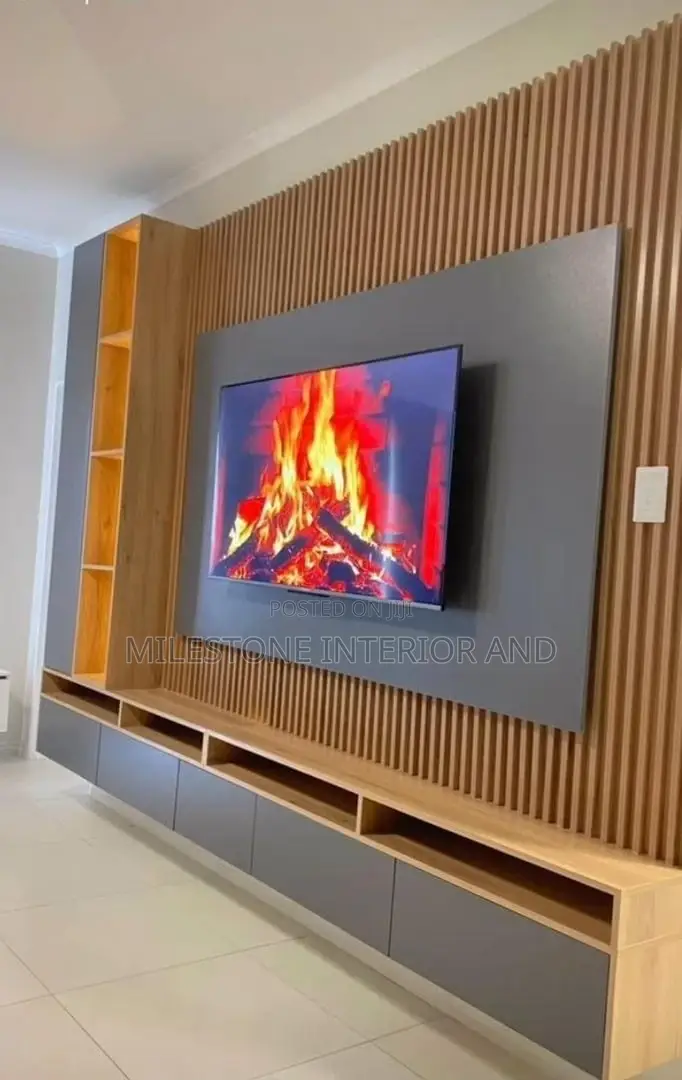 Colour-Blended Tv Console Design Comprising Flutter Panel ,Led Lights