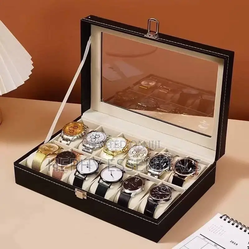 Black Leather 12-Slot Watch Organizer Box
