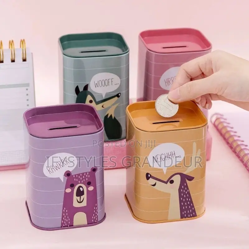 Korean-Style Square Metal Tin Money Box, British-Style Cartoon Piggy