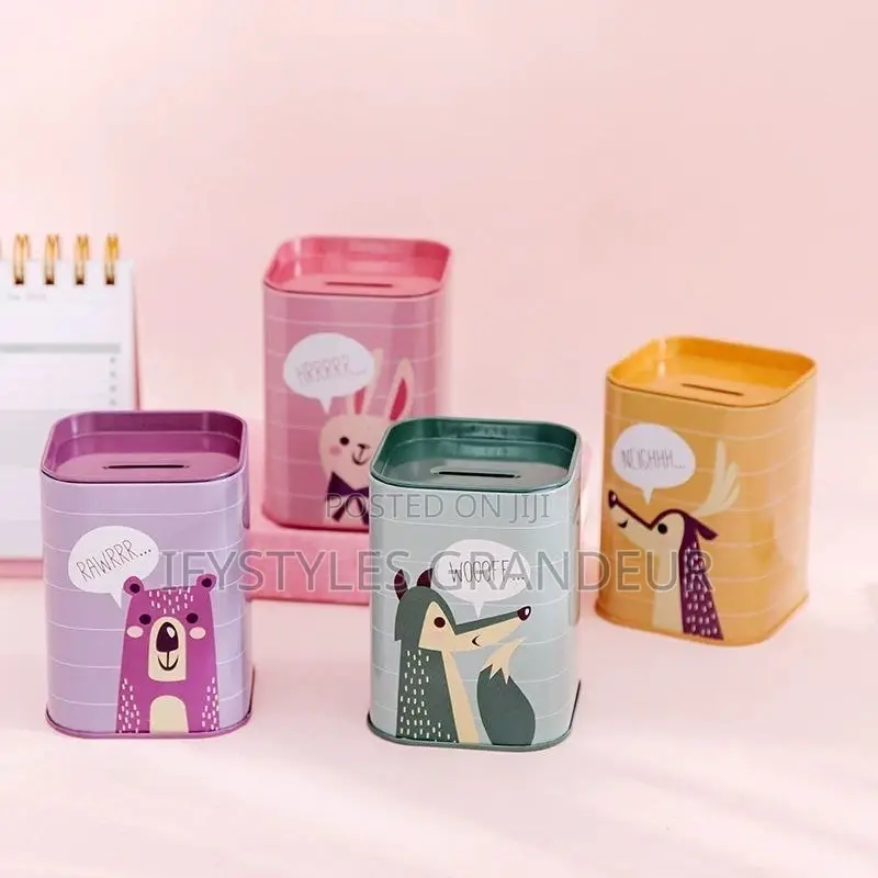 Korean-Style Square Metal Tin Money Box, British-Style Cartoon Piggy