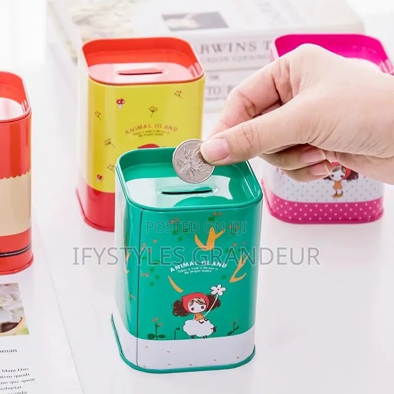 Korean-Style Square Metal Tin Money Box, British-Style Cartoon Piggy