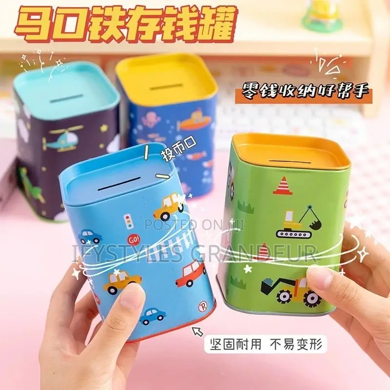 Korean-Style Square Metal Tin Money Box, British-Style Cartoon Piggy