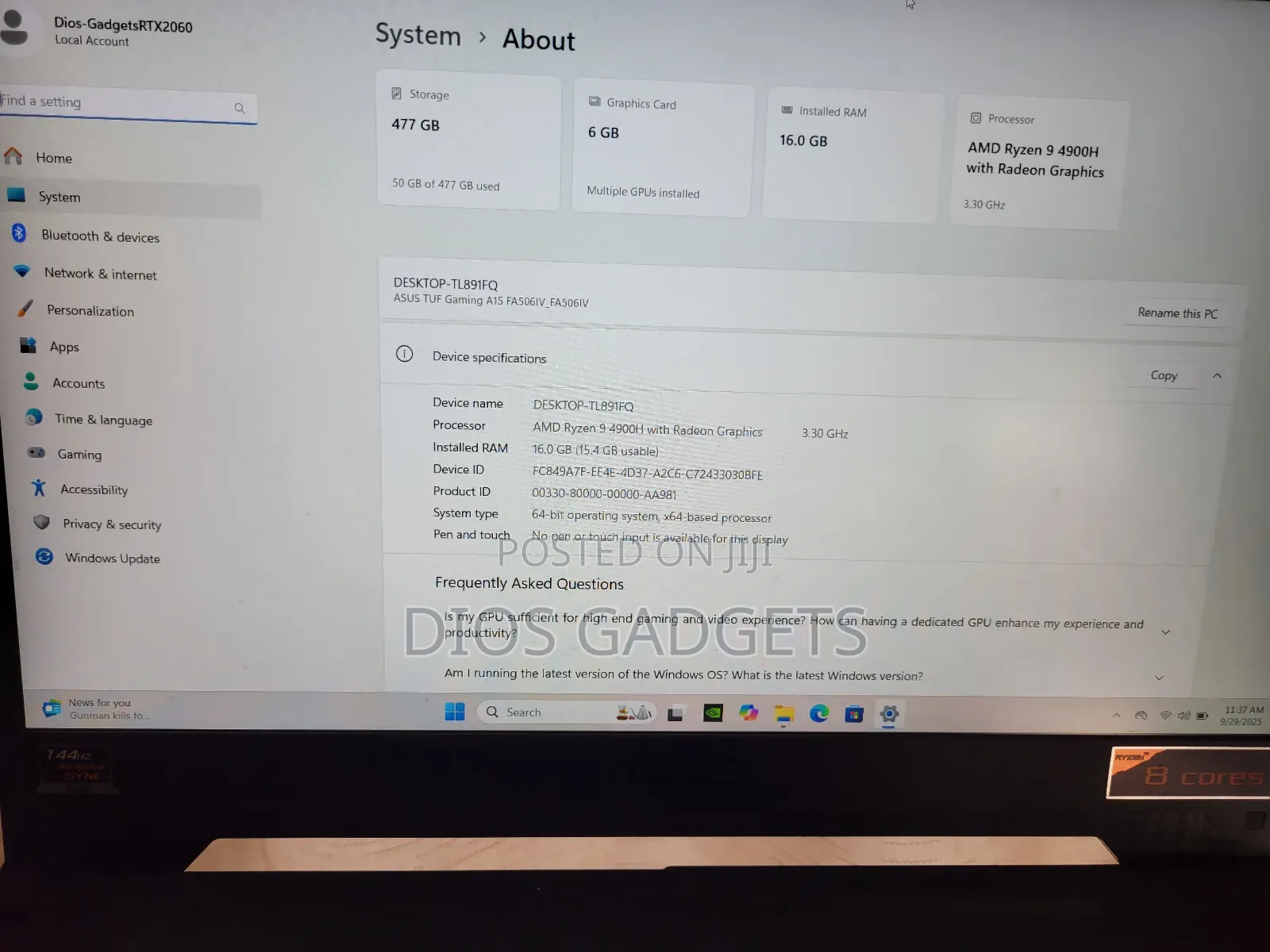Laptop Asus TUF Gaming A15 6GB AMD Ryzen 9 SSD 512GB