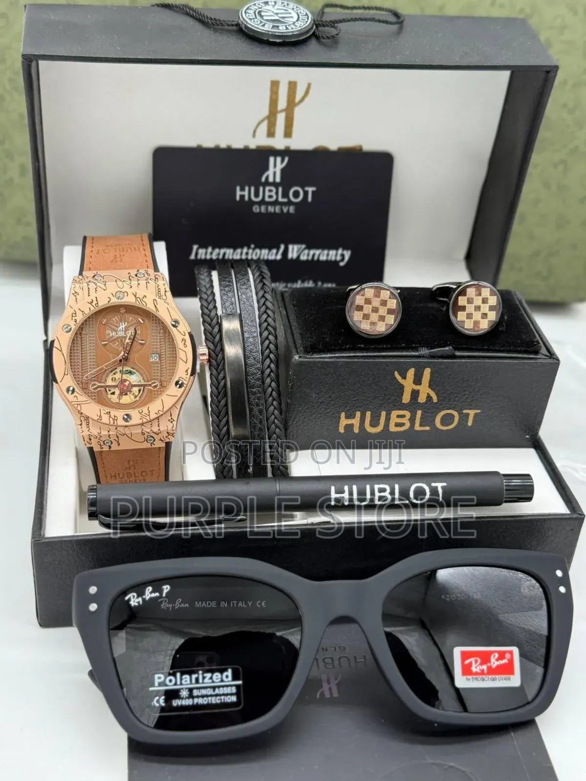 Hublot Leather Men's Set Consists of Watch, Bracelet, Cufflink, Pen,