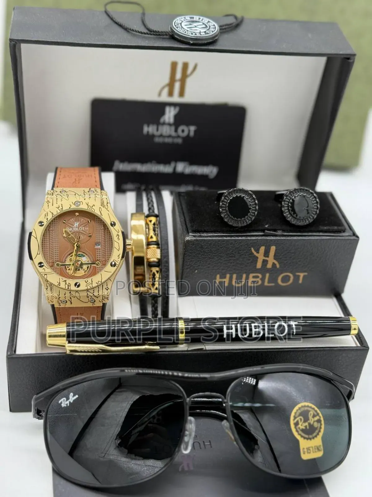 Hublot Leather Men's Set Consists of Watch, Bracelet, Cufflink, Pen,