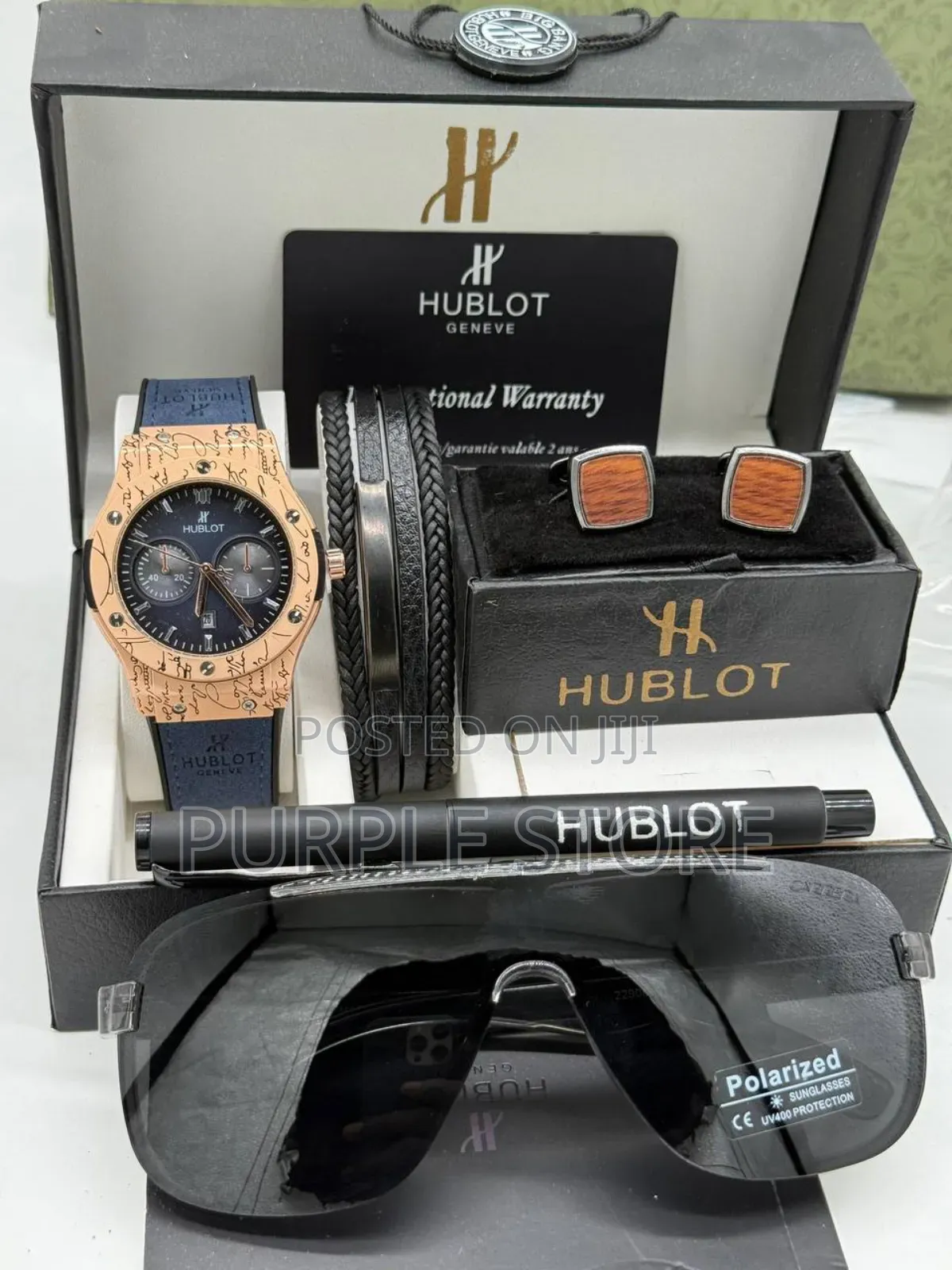 Hublot Leather Men's Set Consists of Watch, Bracelet, Cufflink, Pen,