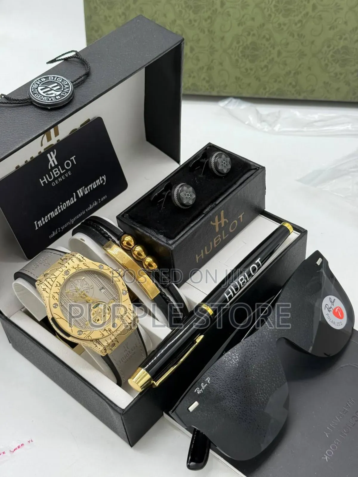 Hublot Leather Men's Set Consists of Watch, Bracelet, Cufflink, Pen,