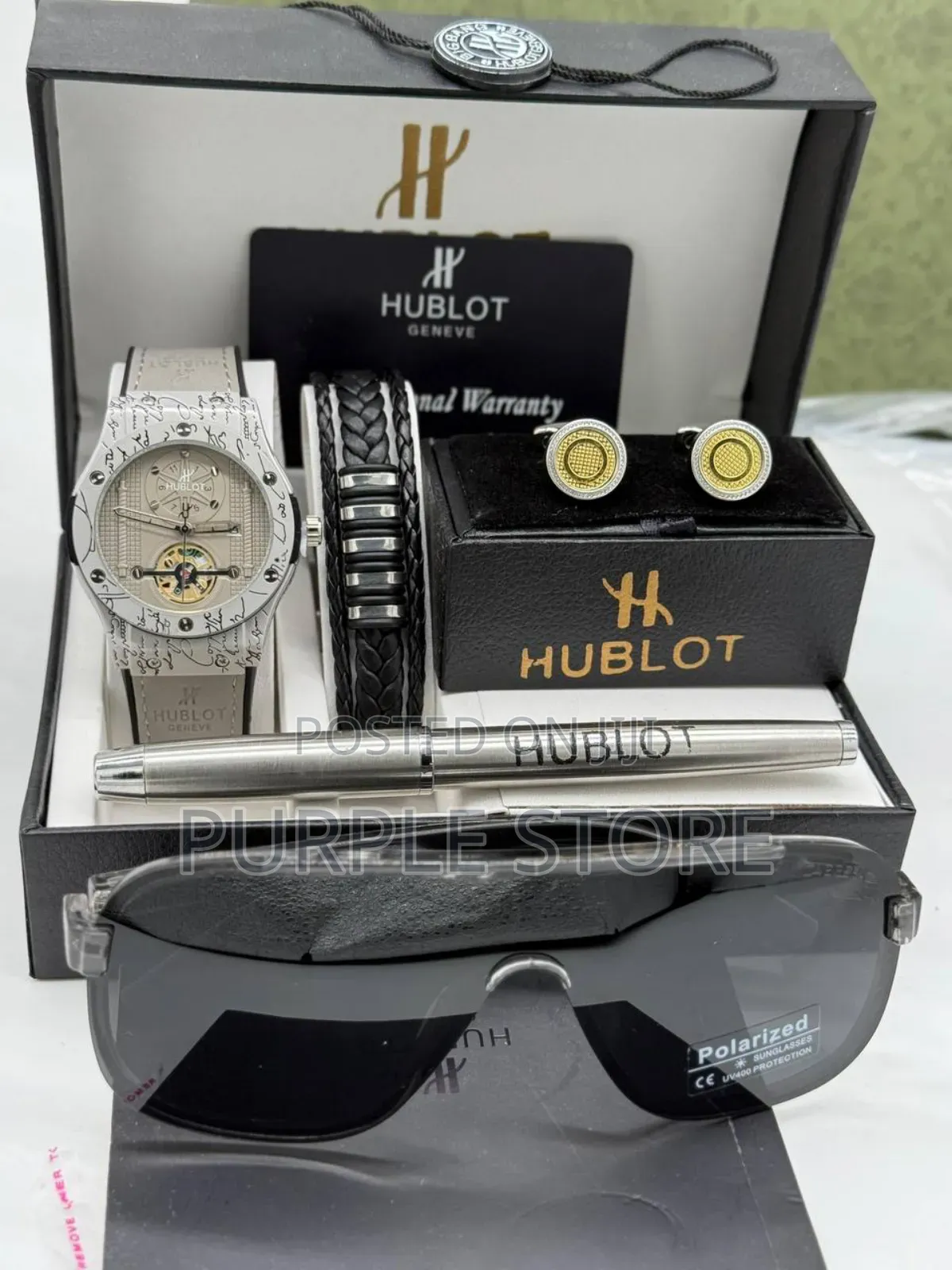 Hublot Leather Men's Set Consists of Watch, Bracelet, Cufflink, Pen,