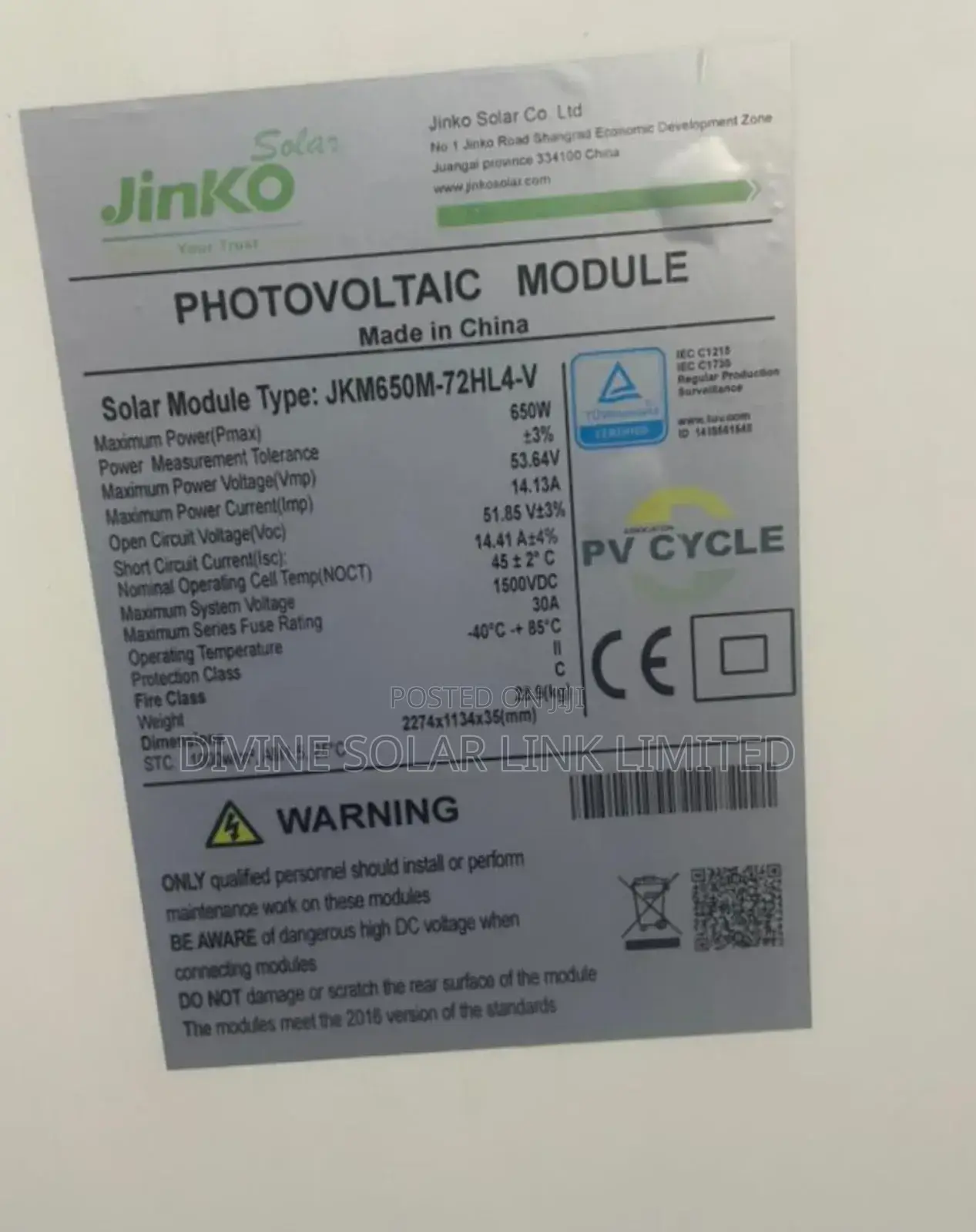 650watt Jinko Solar Panel