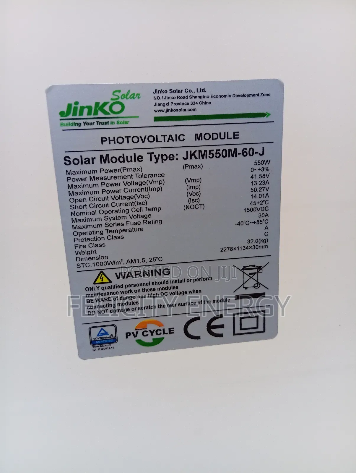 Jinko 550watt Solar Panel 156 Cells (Halfcut)