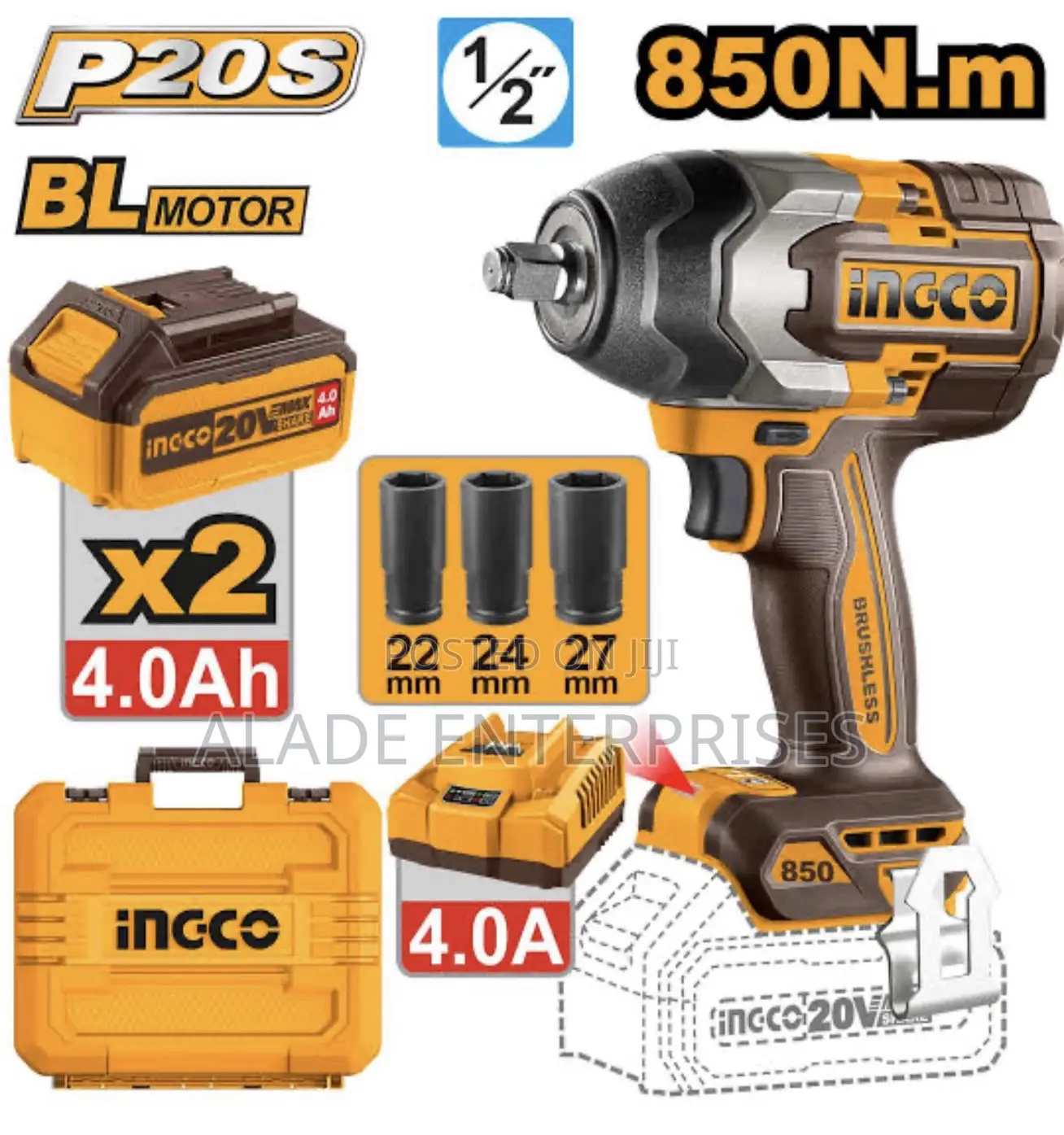 Ingco Cordless Impact Wrench,850 Nm, Nut-busting Torque:1000 Nm