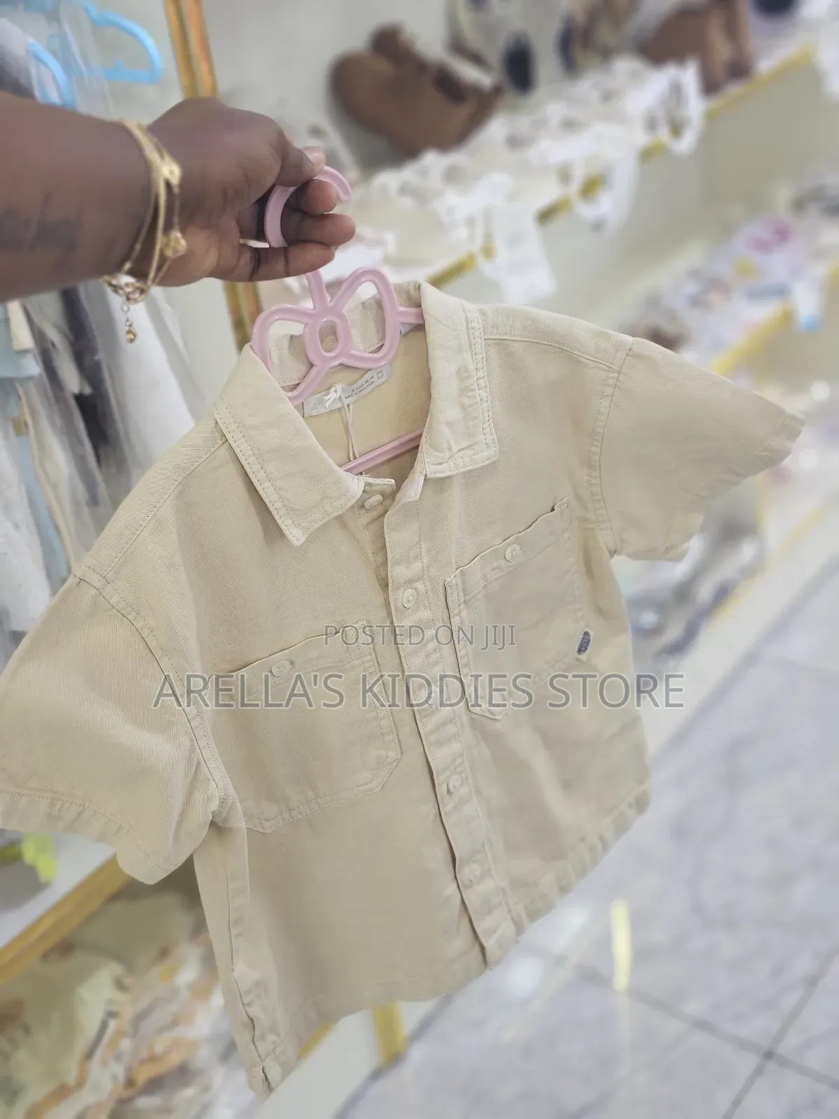Short-Sleeved, Button-Up Shirt in a Light, Neutral Color
