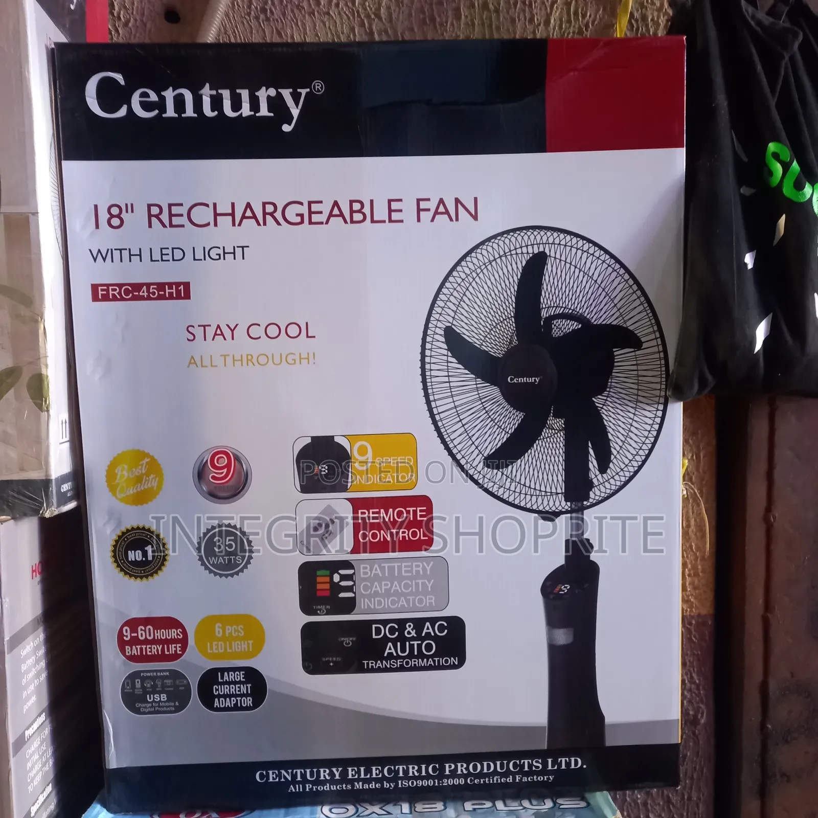 Century 18" Rechargeable Fan With Led Light
