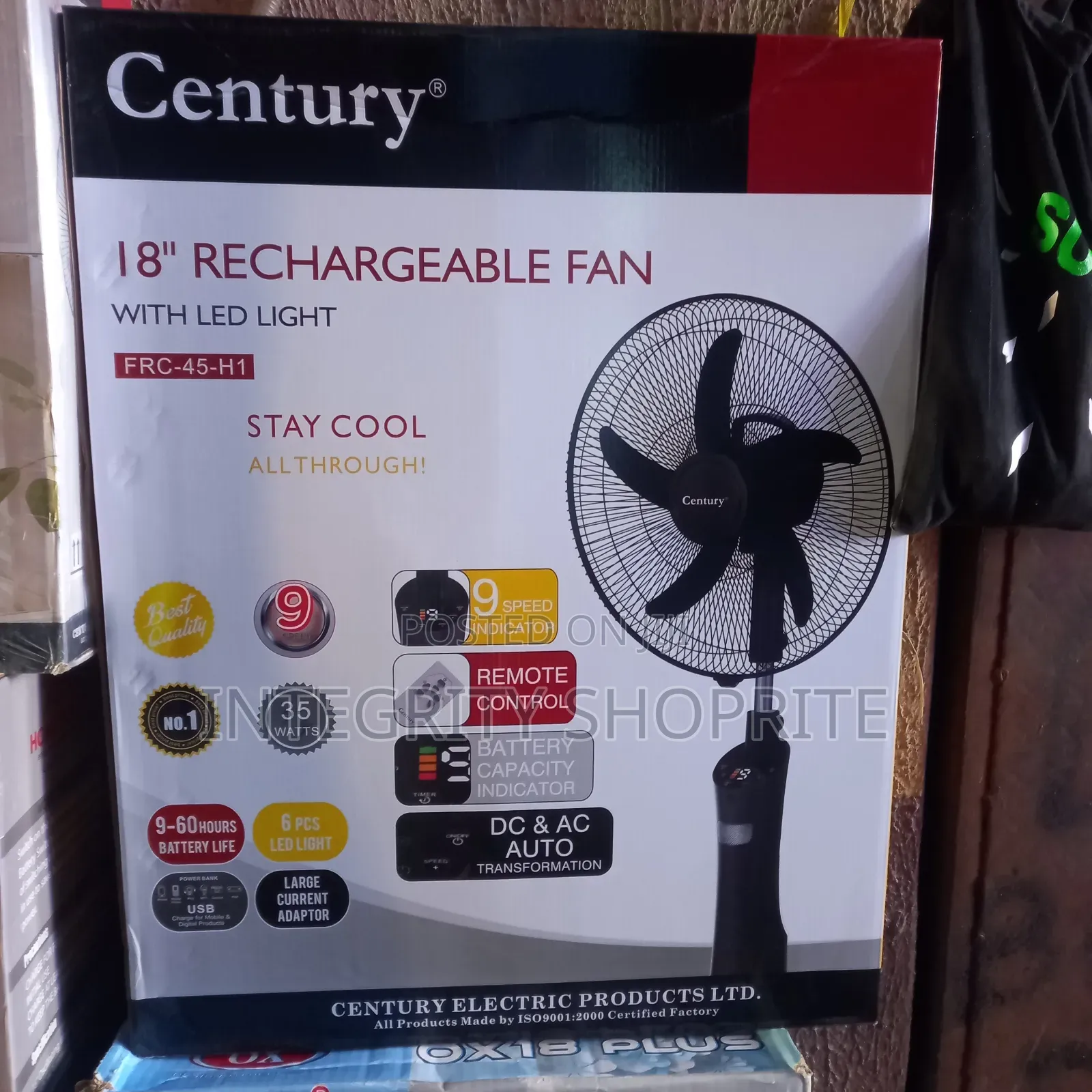 Century 18" Rechargeable Fan With Led Light