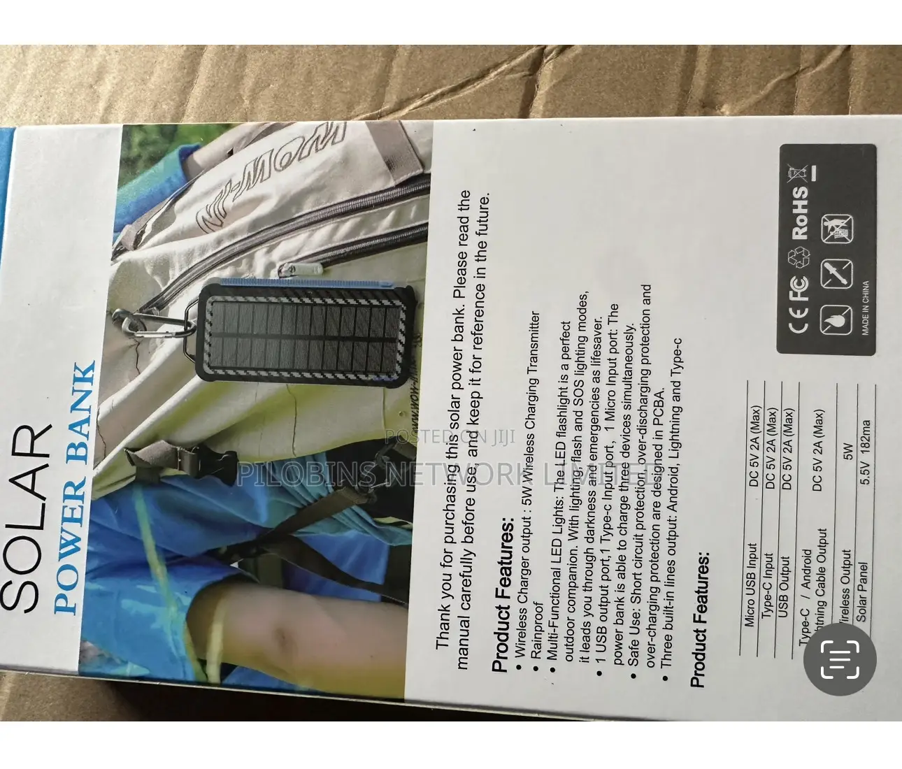 20,000 Mah Solar Power Bank With Charging Cords
