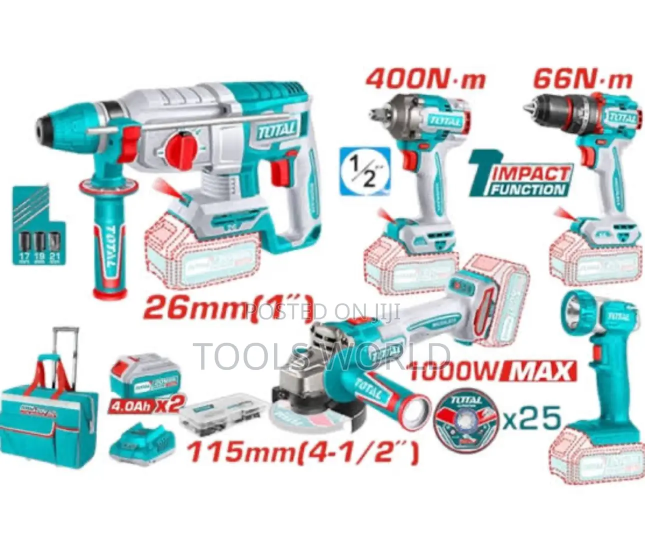 Total 20v Industrial Combo Kit – 5 Tools + 2 Batteries Charge