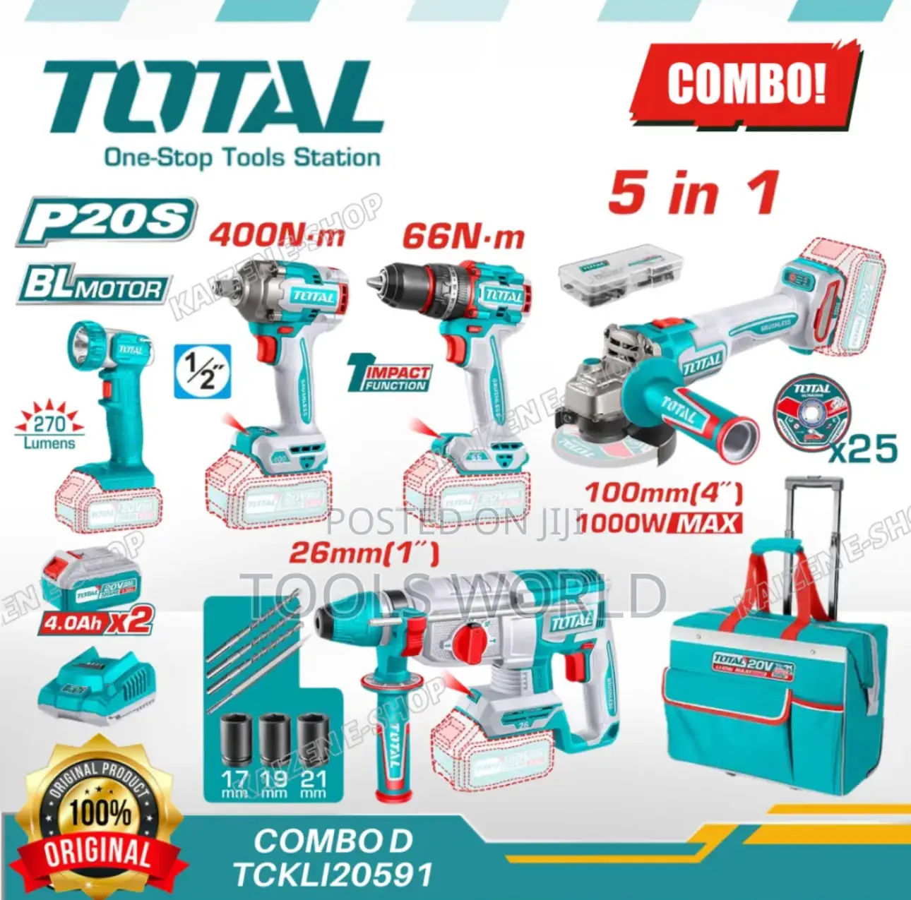 Total 20v Industrial Combo Kit – 5 Tools + 2 Batteries Charge