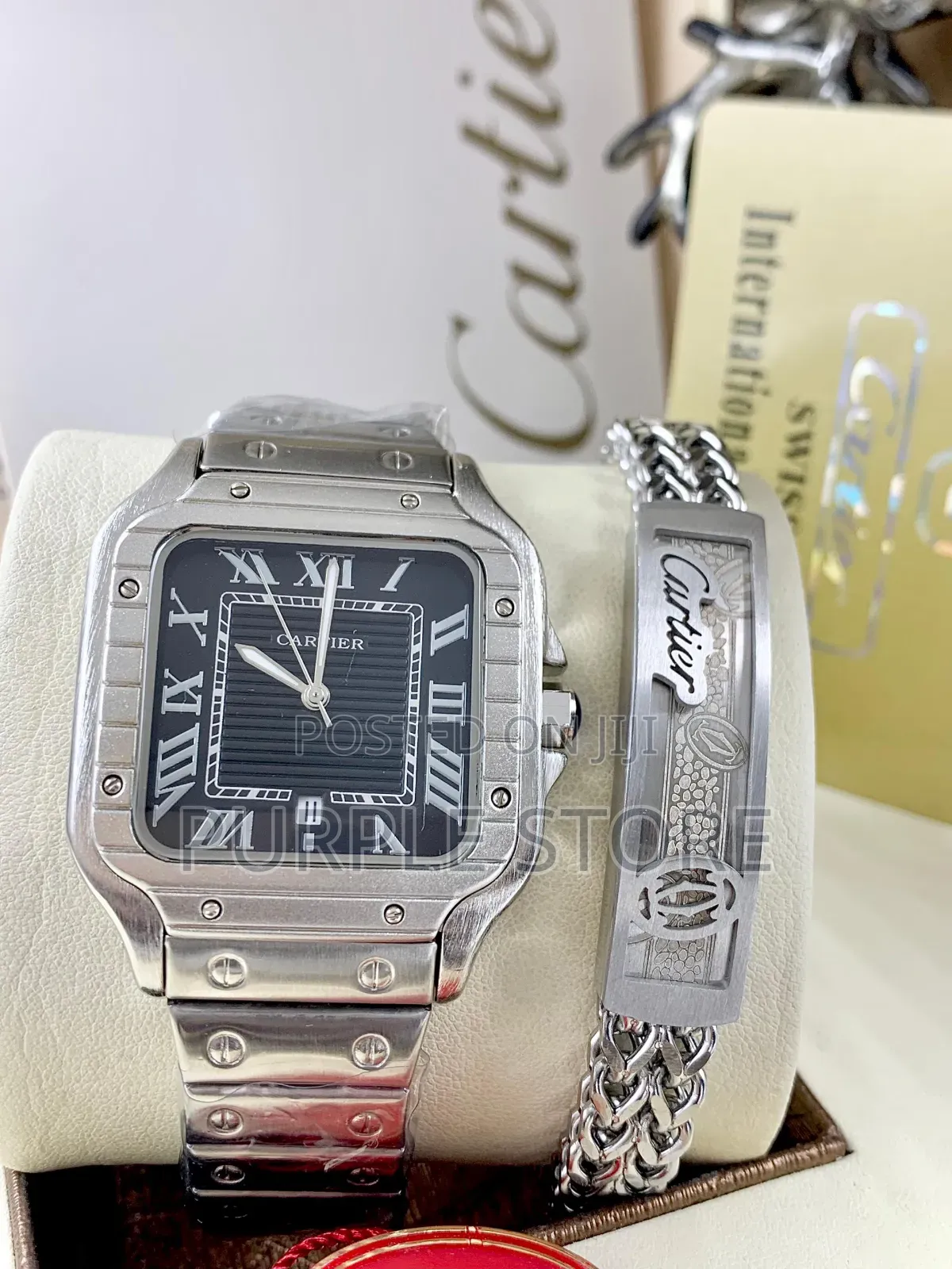 Cartier Santos Silver Watch and Bracelet Set