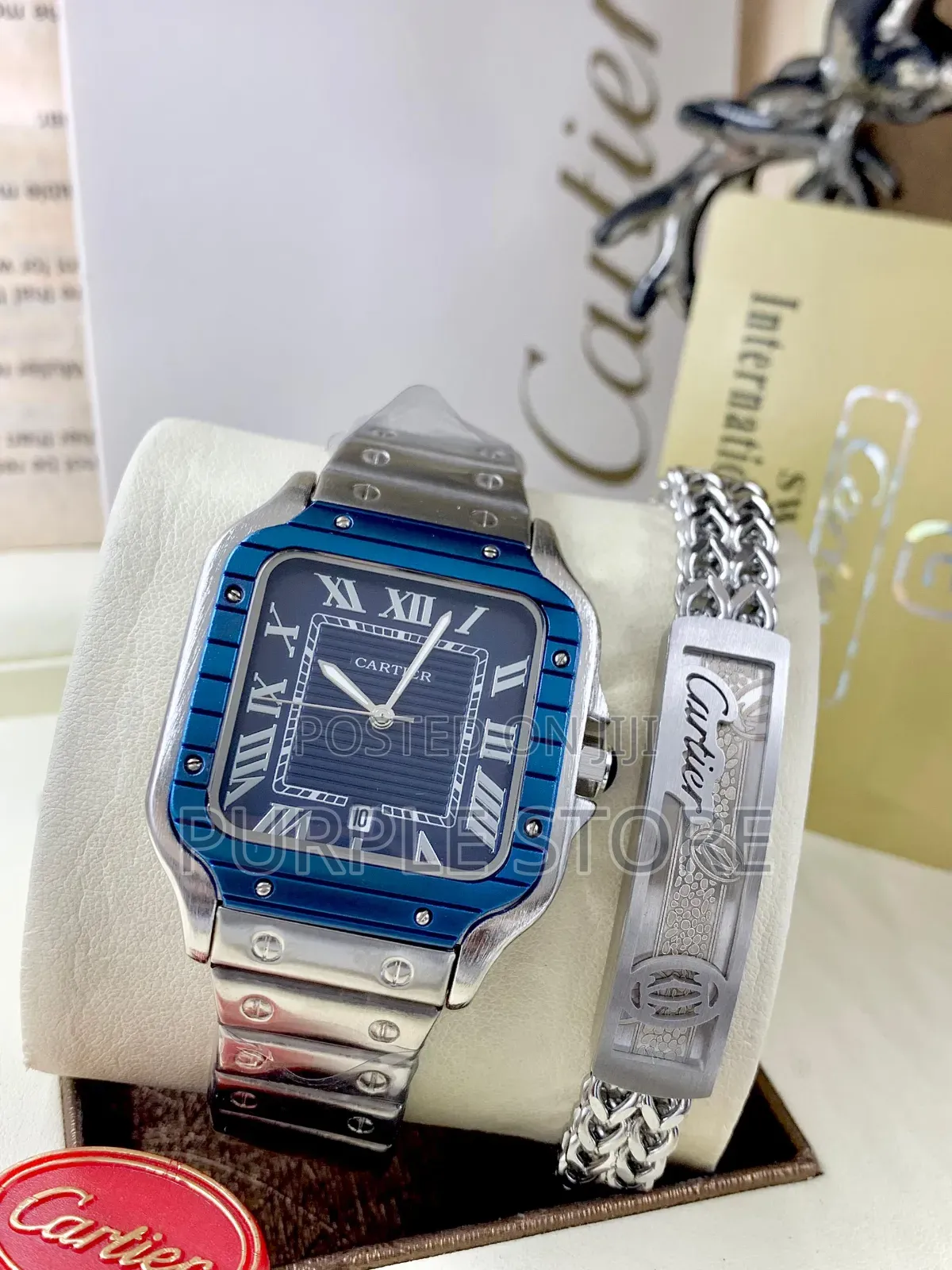 Cartier Santos Silver Watch and Bracelet Set