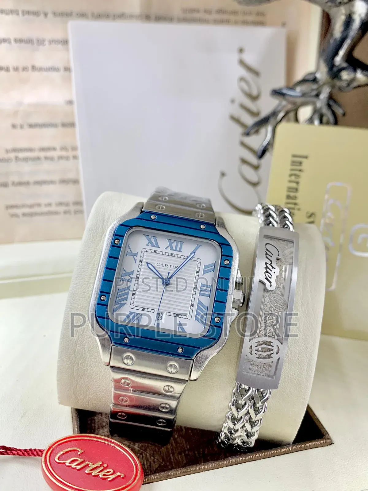 Cartier Santos Silver Watch and Bracelet Set