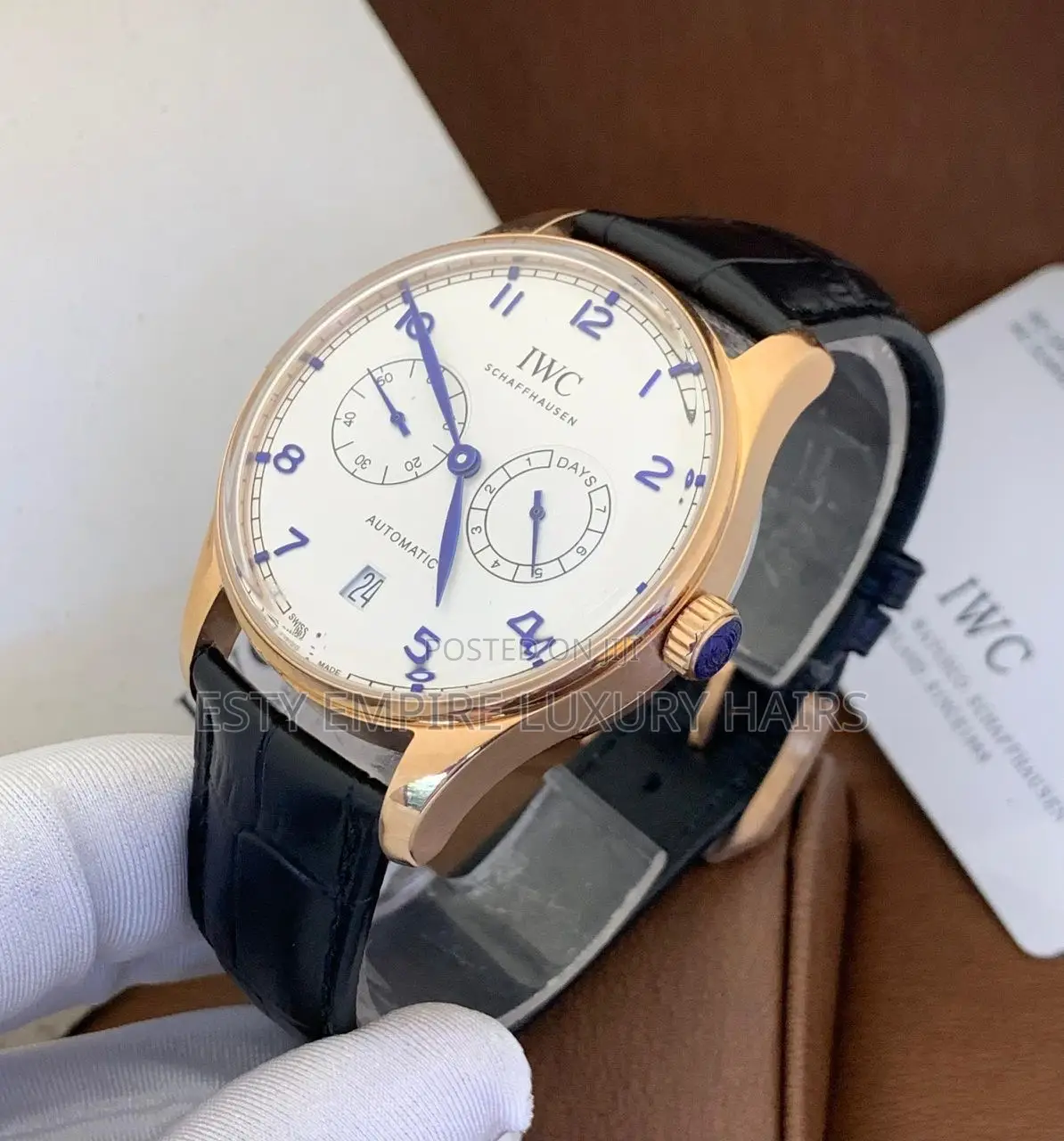 I W C Automatic Engine Black Leather Strap Wrist Watch